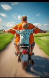 Father and son riding together happily